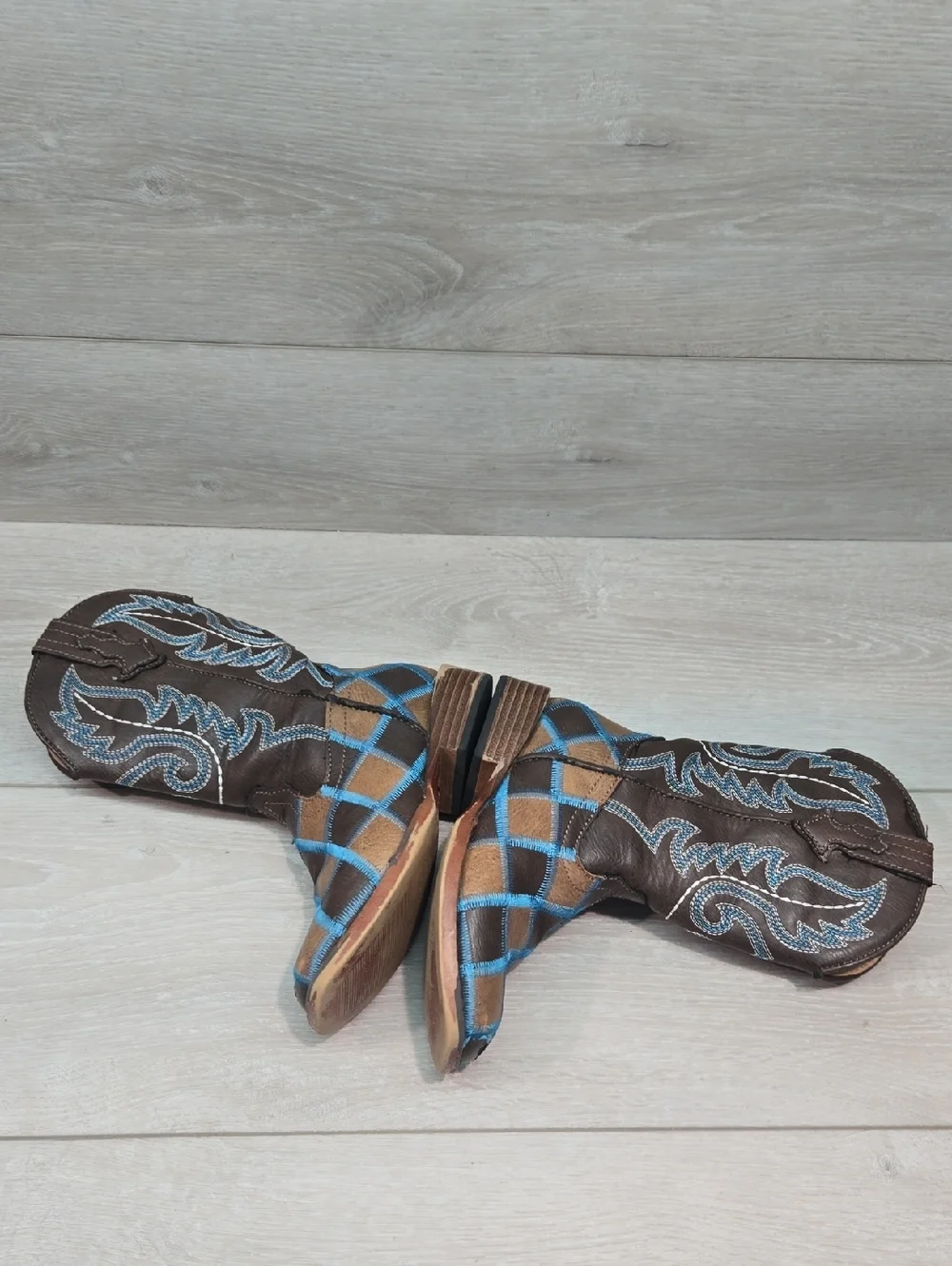 Roper Kids Girl Tall Leather Western Boots with Blue Stitch Plaid Shoes Sz 11